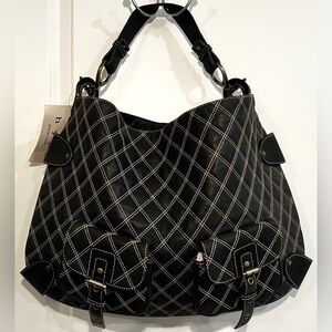 NEW Hype Leather Quilted Large Hobo Black Bag Gold Trim Exterior Pockets Purse